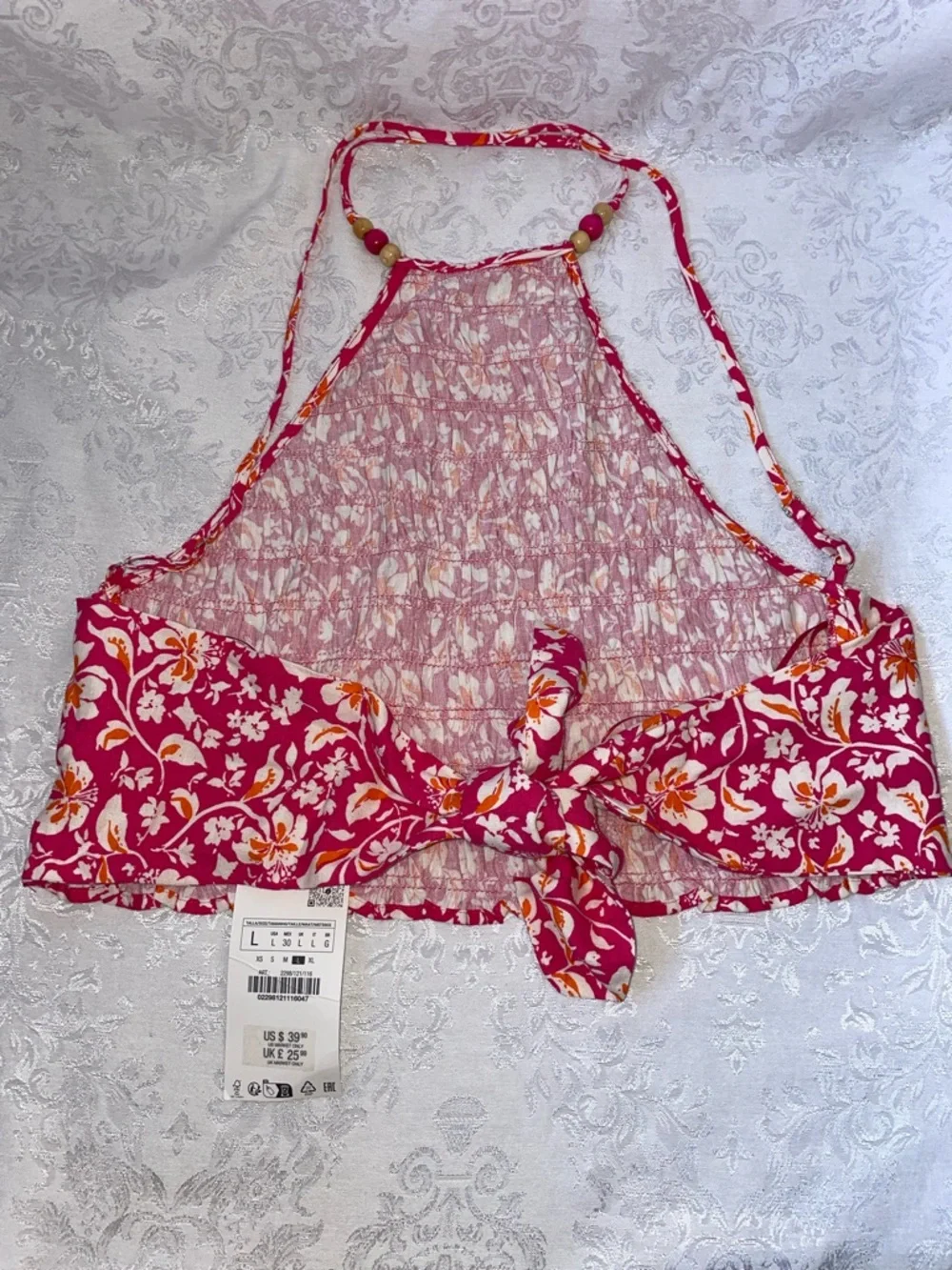 NWT ZARA Bright Pink Floral Halter Tank with Bead Straps. Size Large. - Picture 3 of 5